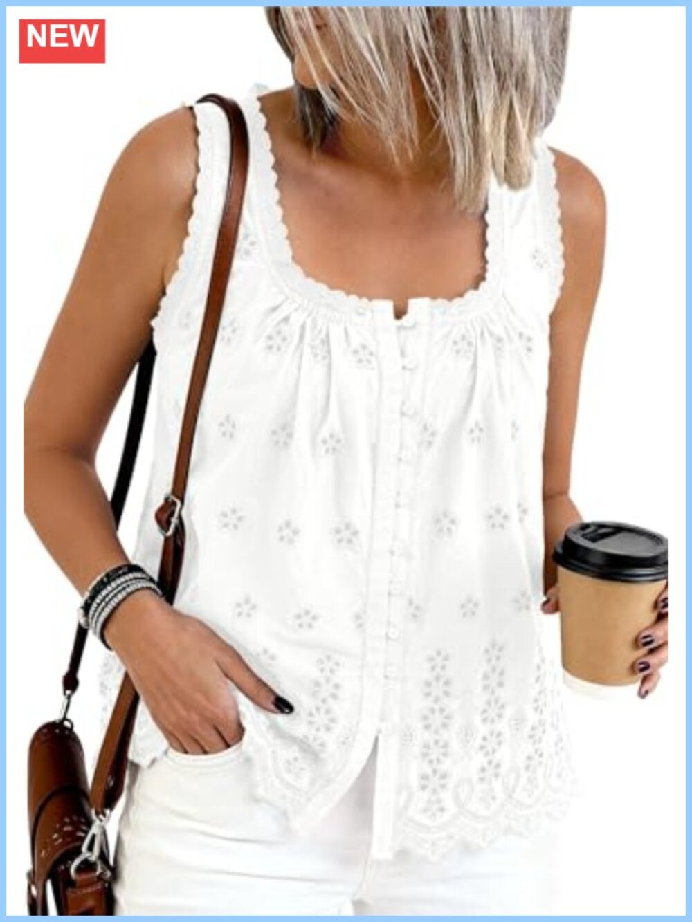 Women's Lace Tank Top Eyelet Embroidery Square Neck Sleeveless Summer Blouse